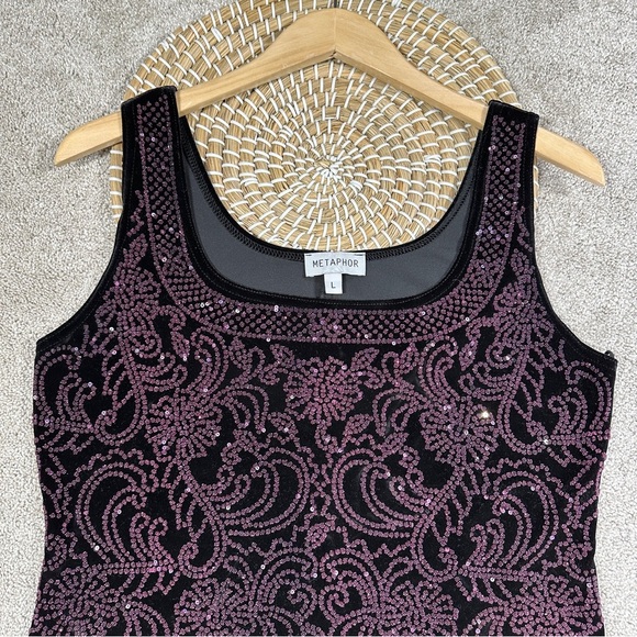 Metaphor Black Purple Sparkly Beaded Sequin Pattern Tank Top Velvet Whimsigoth L - Picture 2 of 11